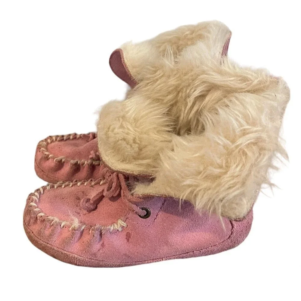 Hanna Andersson Toddler 11 Boots Pink Leather Faux Fur Moccasin Style Fold Over